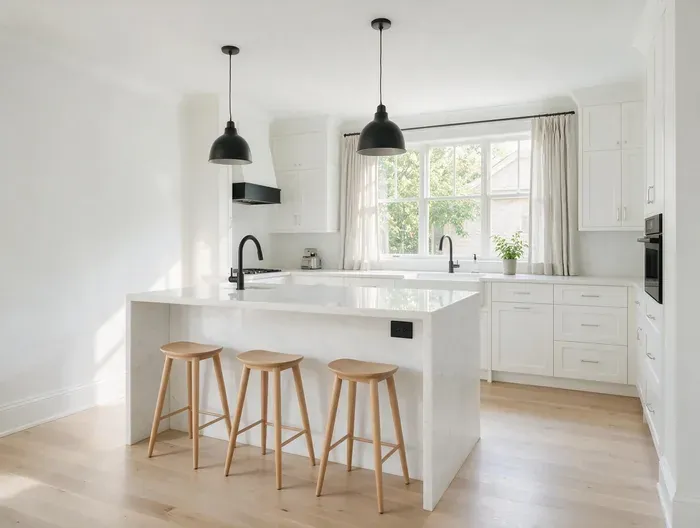 A finished white kitchen remodel with a marble island and pendant lights