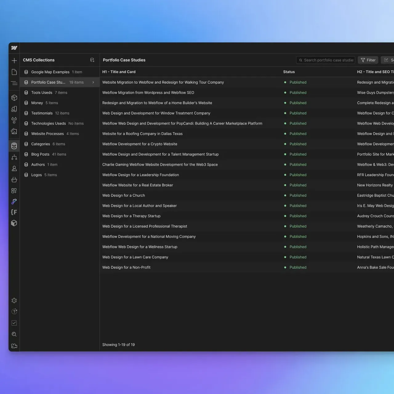 Webflow CMS collections dashboard