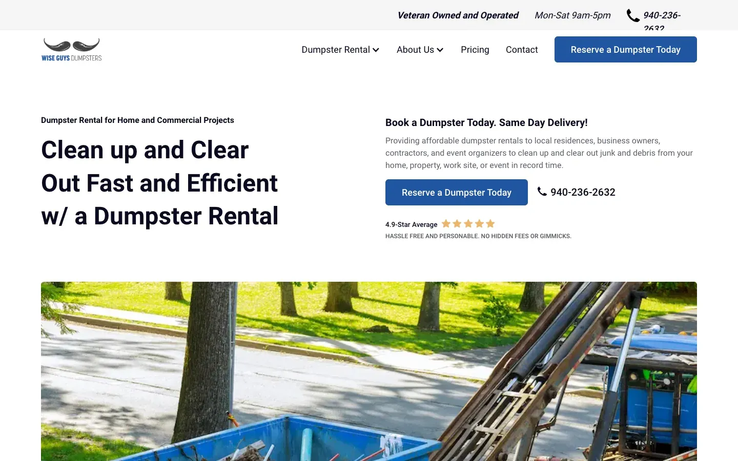 Homepage of the Wise Guys Dumpsters website, built by CL Creative