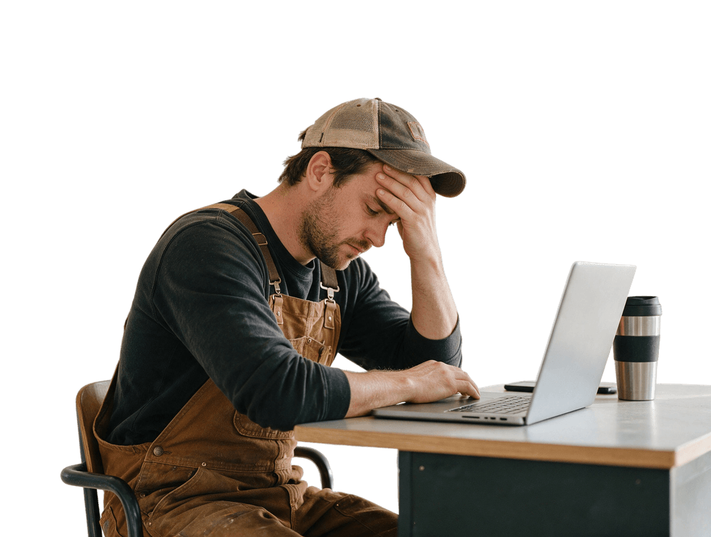 A contractor in work overalls sitting at a desk with his head in his hand, staring at a laptop